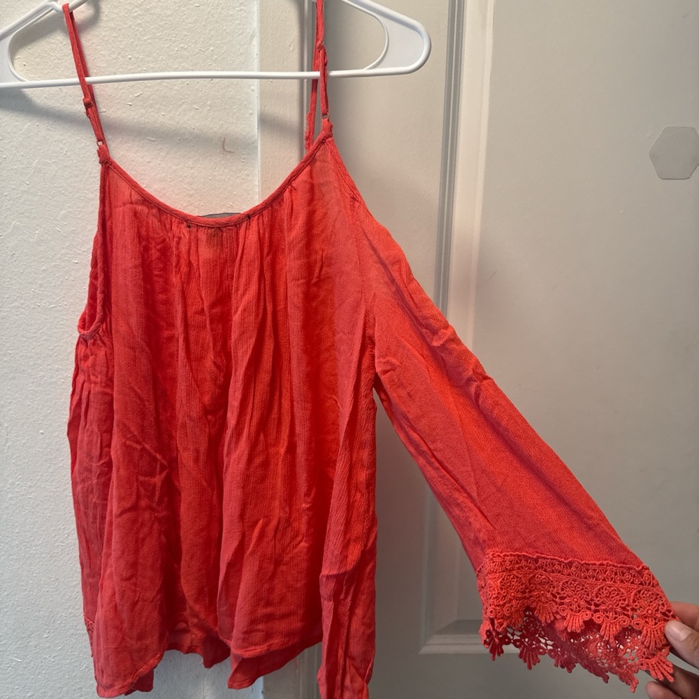 Red Lace Trim Cold Shoulder Top